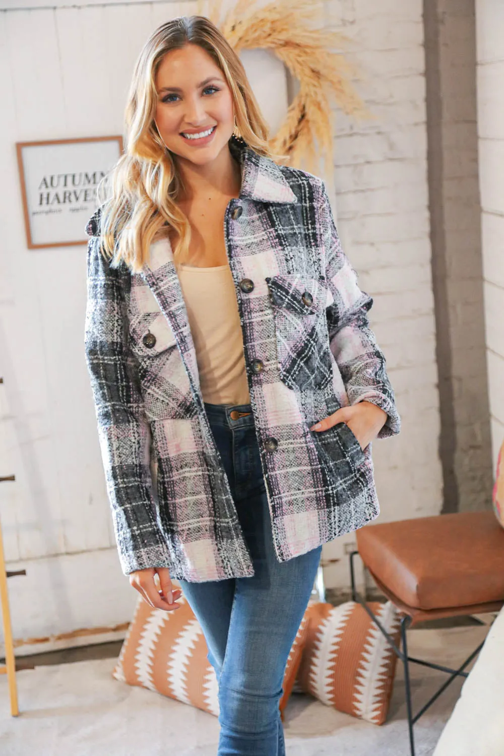 Pink/Black Flannel Plaid Pocketed Oversize Jacket