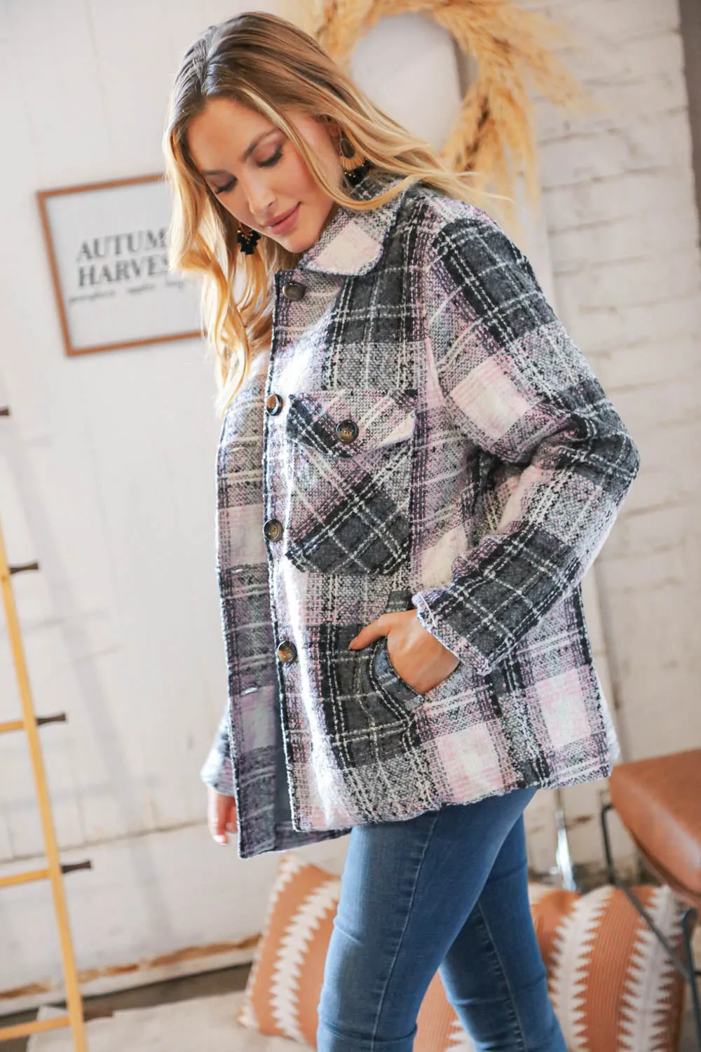Pink/Black Flannel Plaid Pocketed Oversize Jacket
