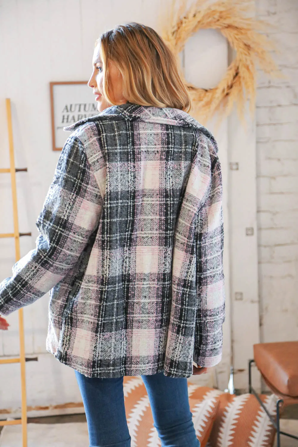 Pink/Black Flannel Plaid Pocketed Oversize Jacket