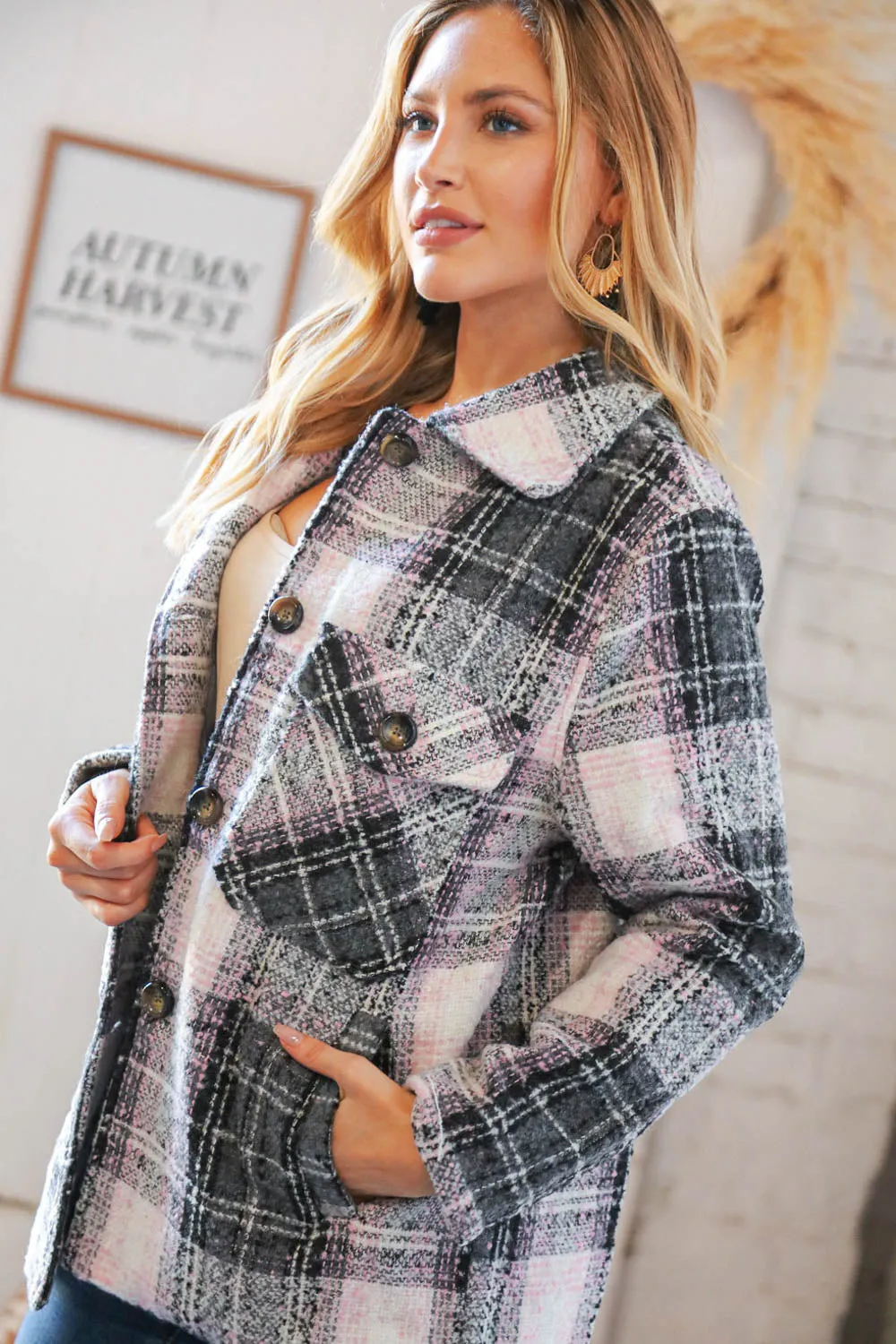 Pink/Black Flannel Plaid Pocketed Oversize Jacket