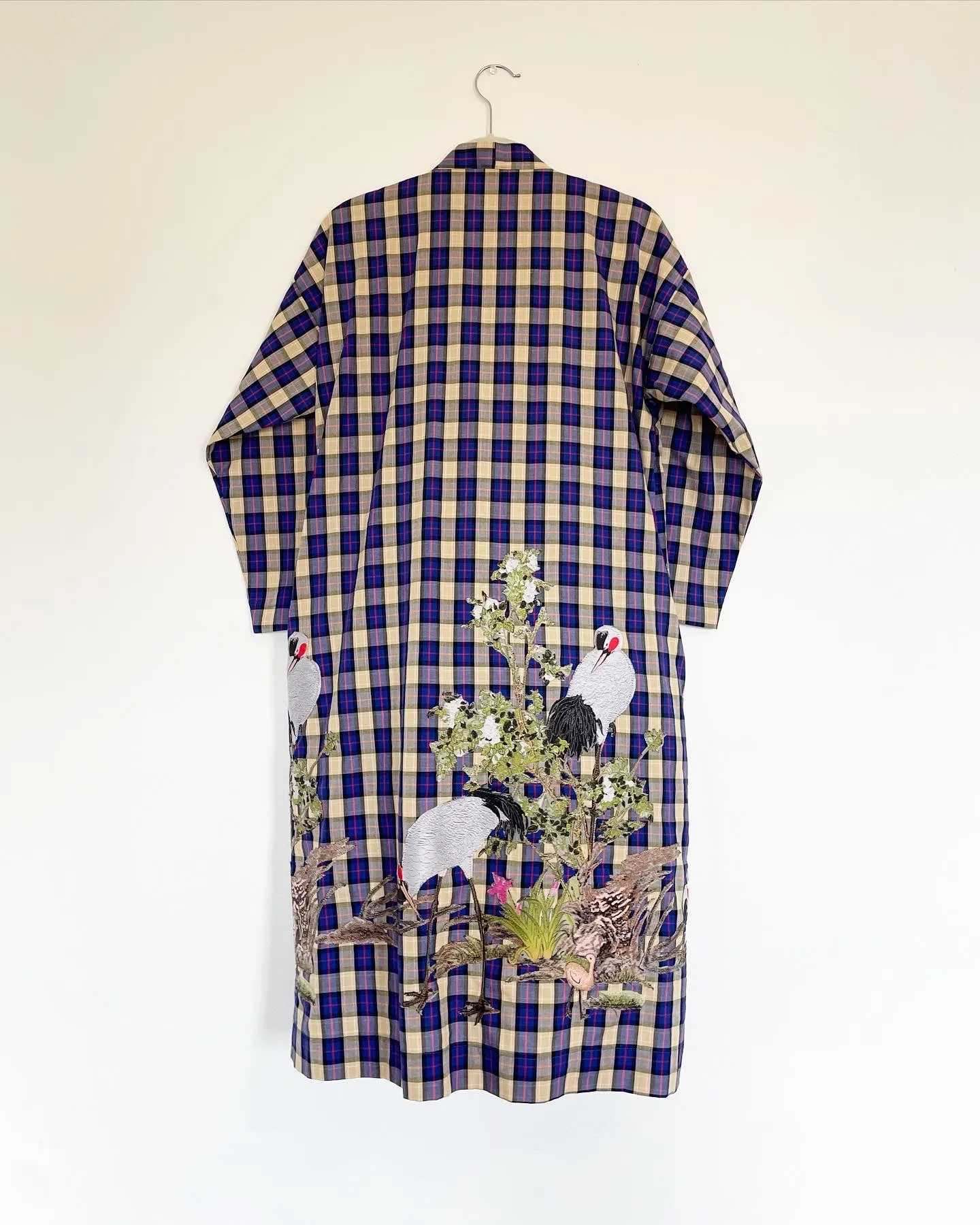 Plaid Cotton Caftan with Cranes