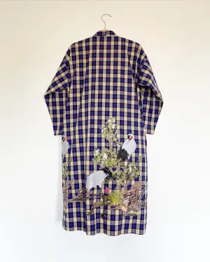 Plaid Cotton Caftan with Cranes