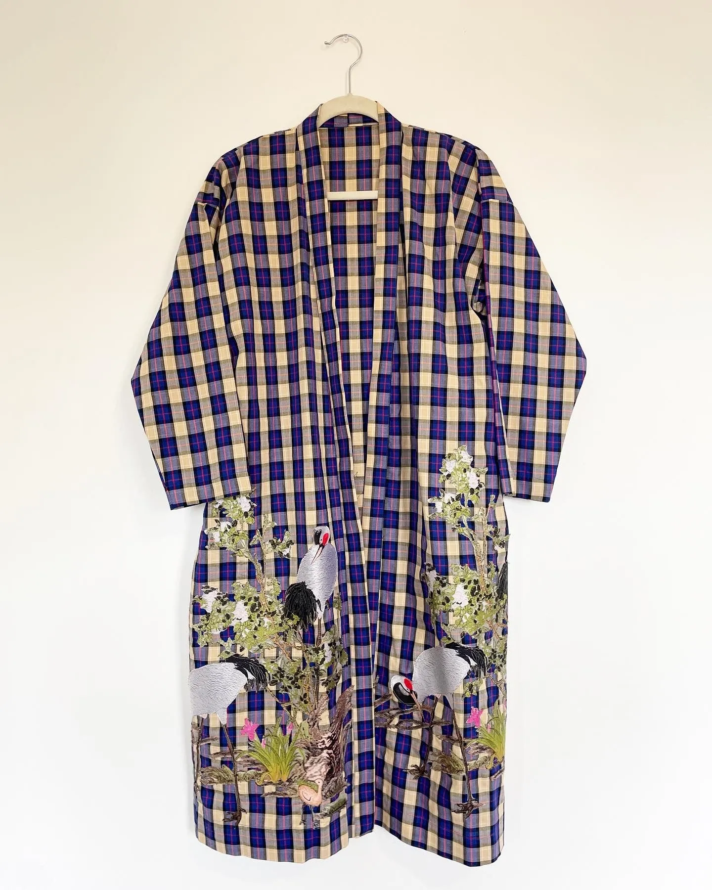 Plaid Cotton Caftan with Cranes