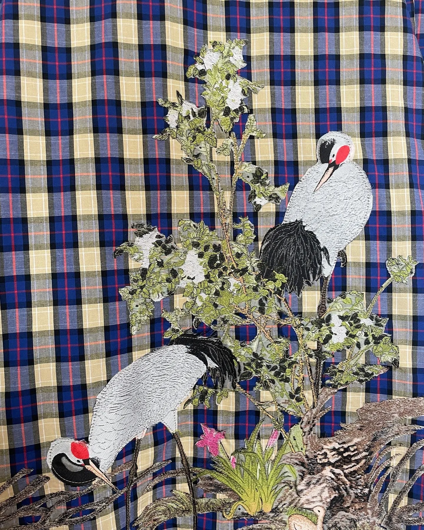Plaid Cotton Caftan with Cranes