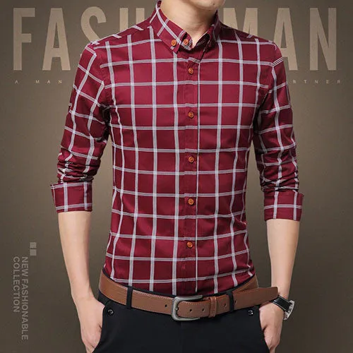 Plaid Shirt Men Fashion Casual Long Sleeve Turn-Down Slim Fit Shirt Men High Quality Cotton Mens Dress Shirts Men Clothes