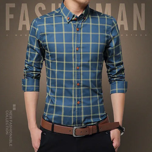 Plaid Shirt Men Fashion Casual Long Sleeve Turn-Down Slim Fit Shirt Men High Quality Cotton Mens Dress Shirts Men Clothes