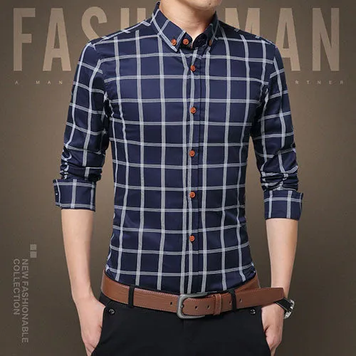 Plaid Shirt Men Fashion Casual Long Sleeve Turn-Down Slim Fit Shirt Men High Quality Cotton Mens Dress Shirts Men Clothes
