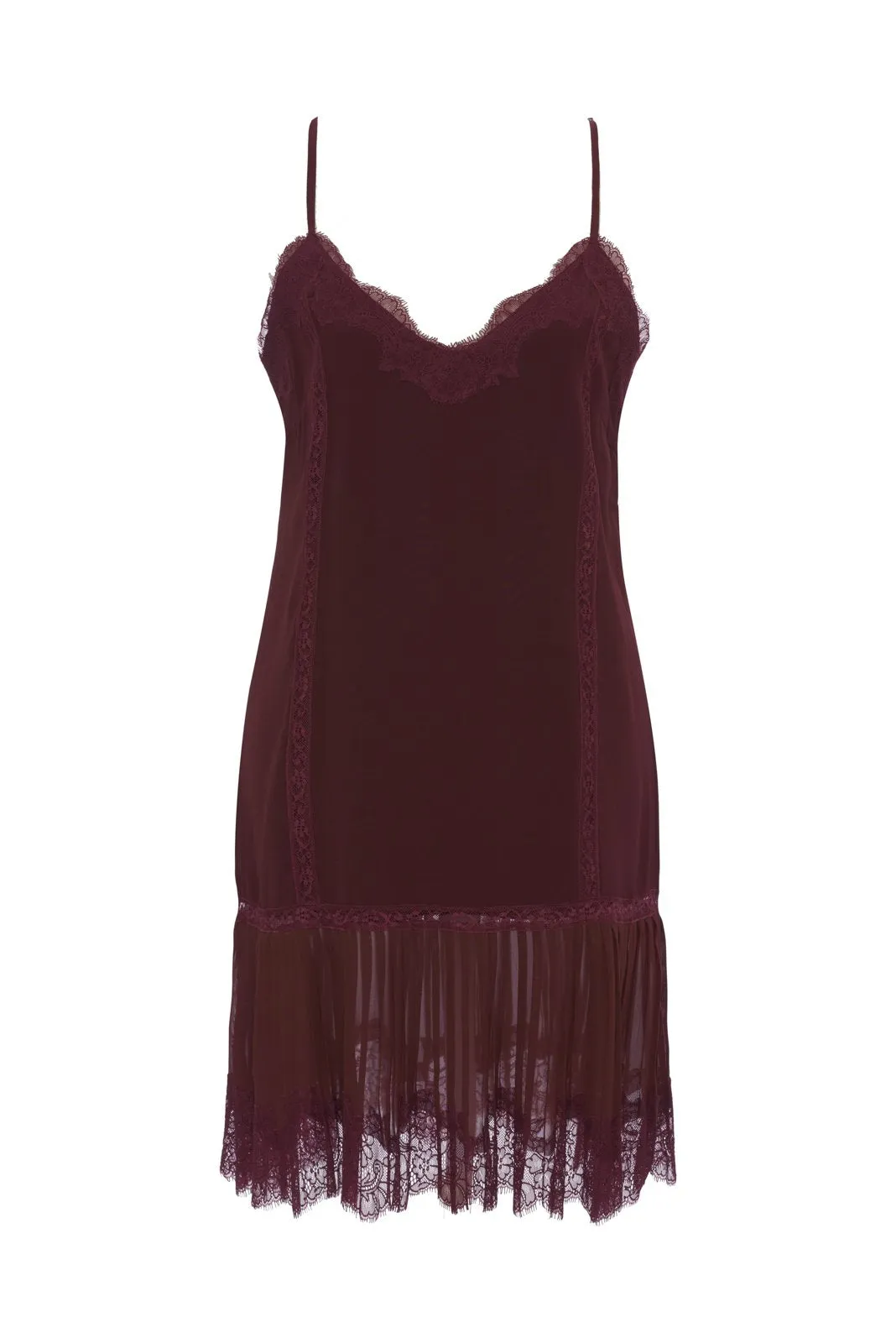 Pleated Lace Silk Dress Burgundy