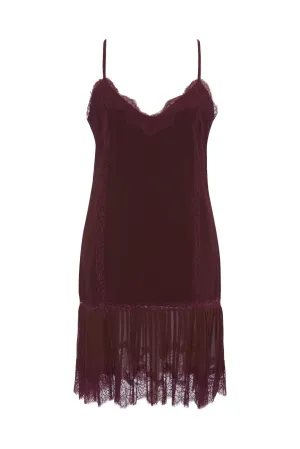 Pleated Lace Silk Dress Burgundy