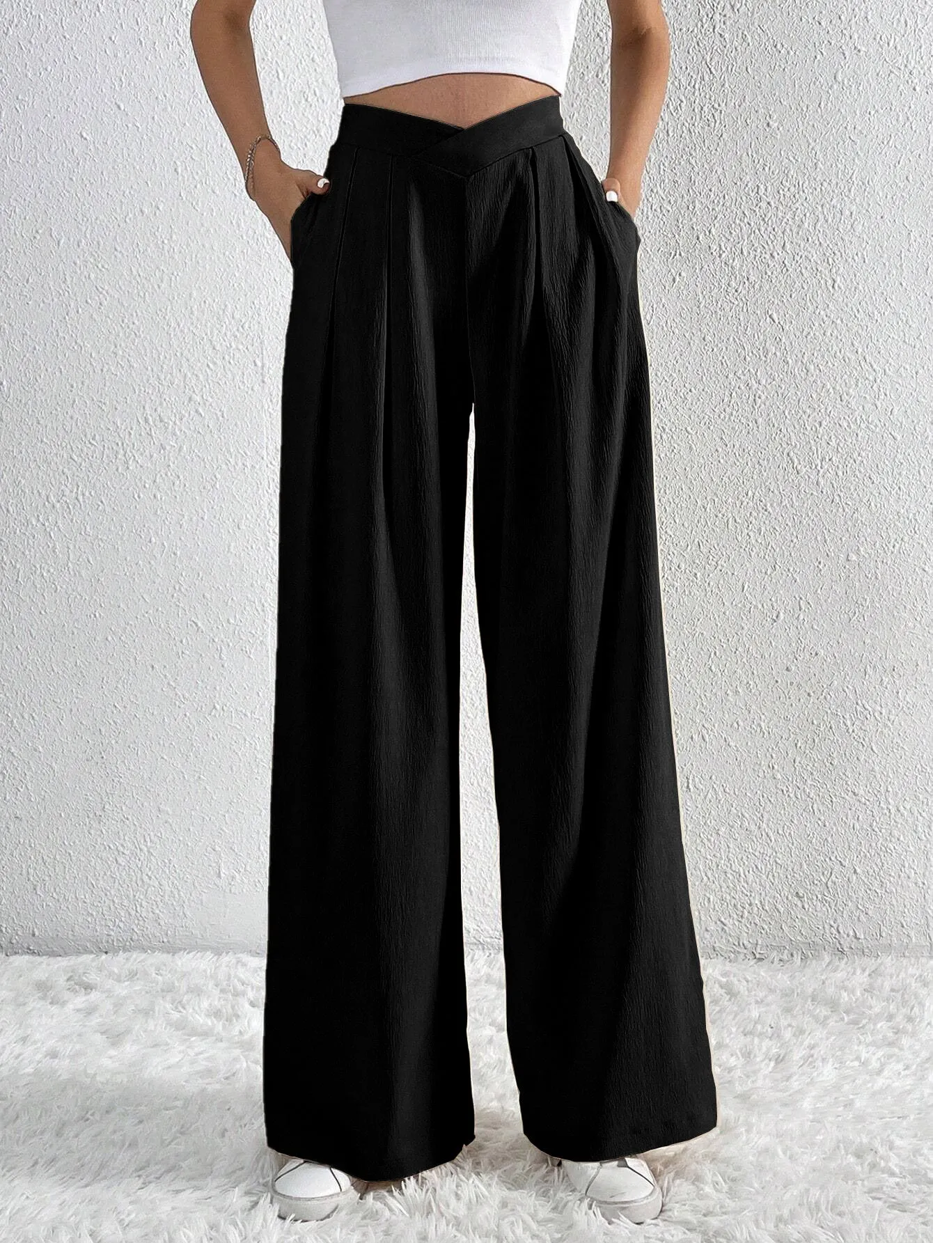 Pleated Wide Leg Trousers | High Waist Work Pants