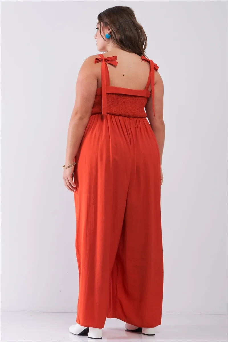 Plus Red Sleeveless Smocked Self-tie Neckline High-waisted Very Wide Leg Jumpsuit
