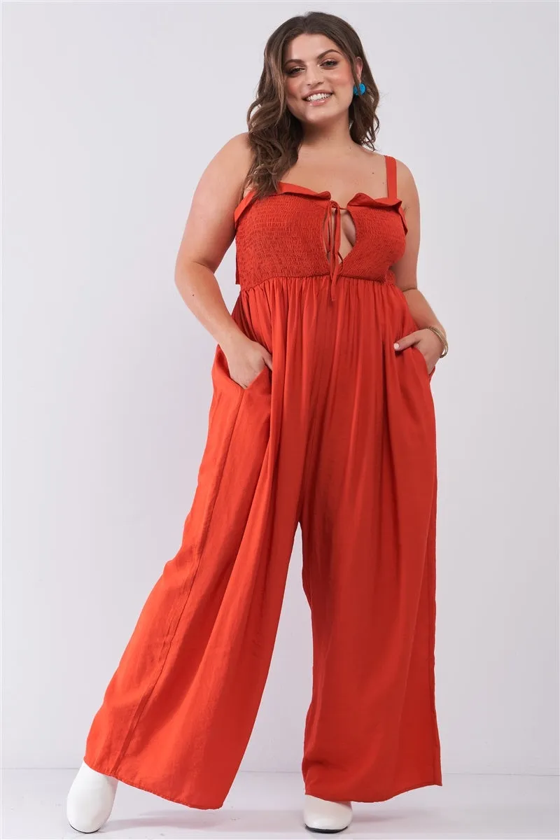 Plus Red Sleeveless Smocked Self-tie Neckline High-waisted Very Wide Leg Jumpsuit