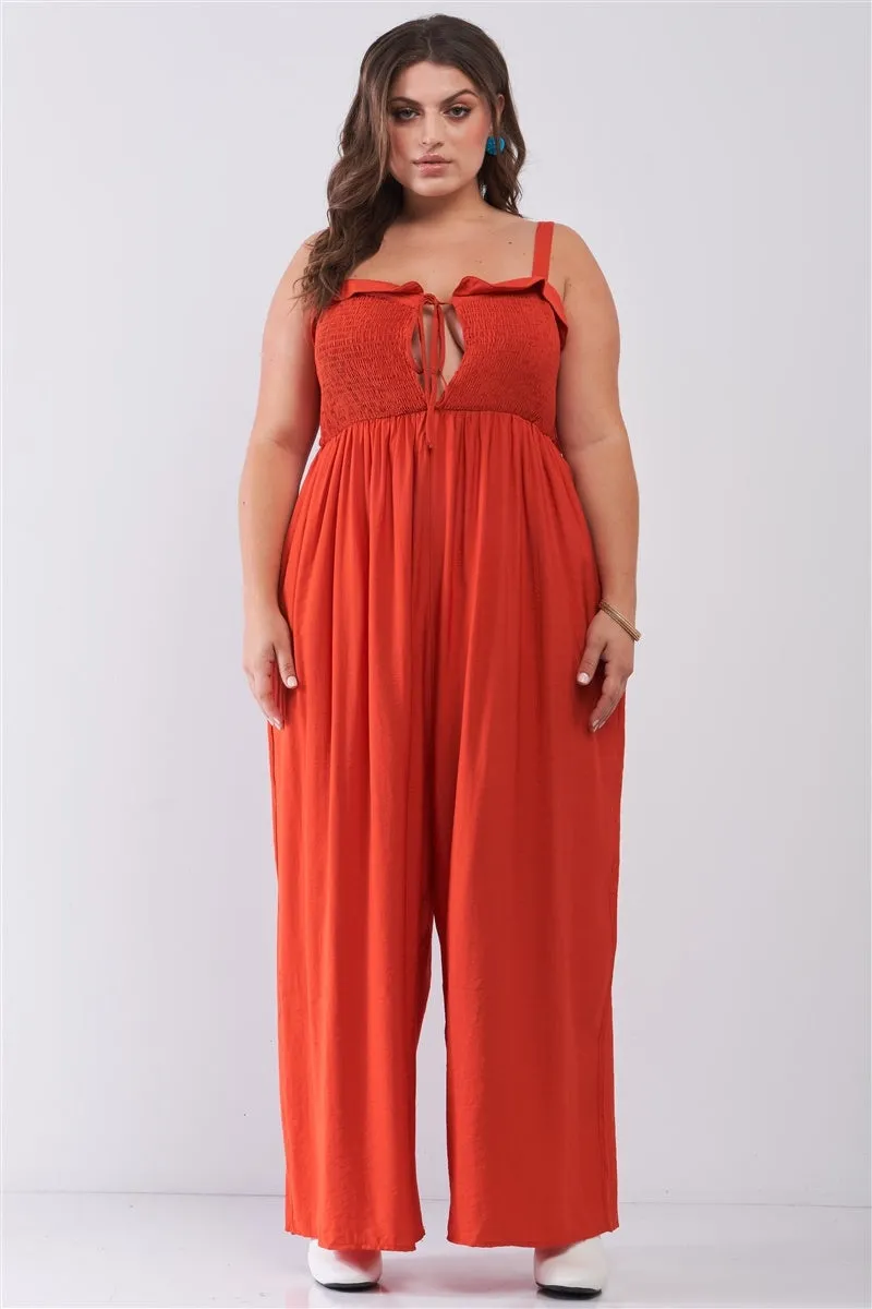 Plus Red Sleeveless Smocked Self-tie Neckline High-waisted Very Wide Leg Jumpsuit