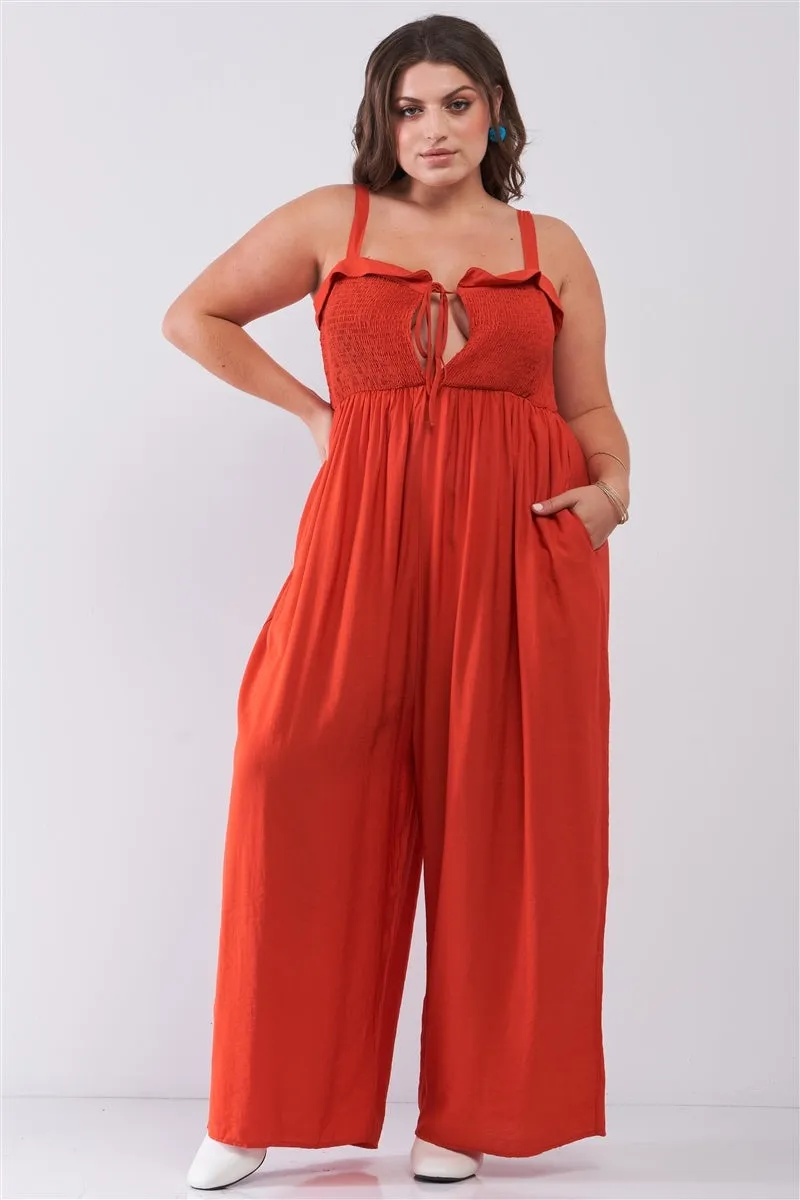 Plus Red Sleeveless Smocked Self-tie Neckline High-waisted Very Wide Leg Jumpsuit