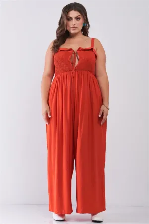 Plus Red Sleeveless Smocked Self-tie Neckline High-waisted Very Wide Leg Jumpsuit