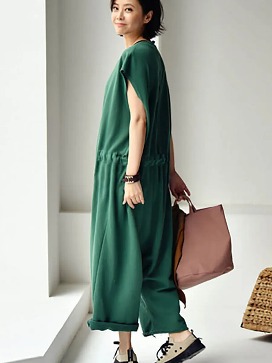 Plus Size - 100% Cotton Solid Color Drawstring Jumpsuits