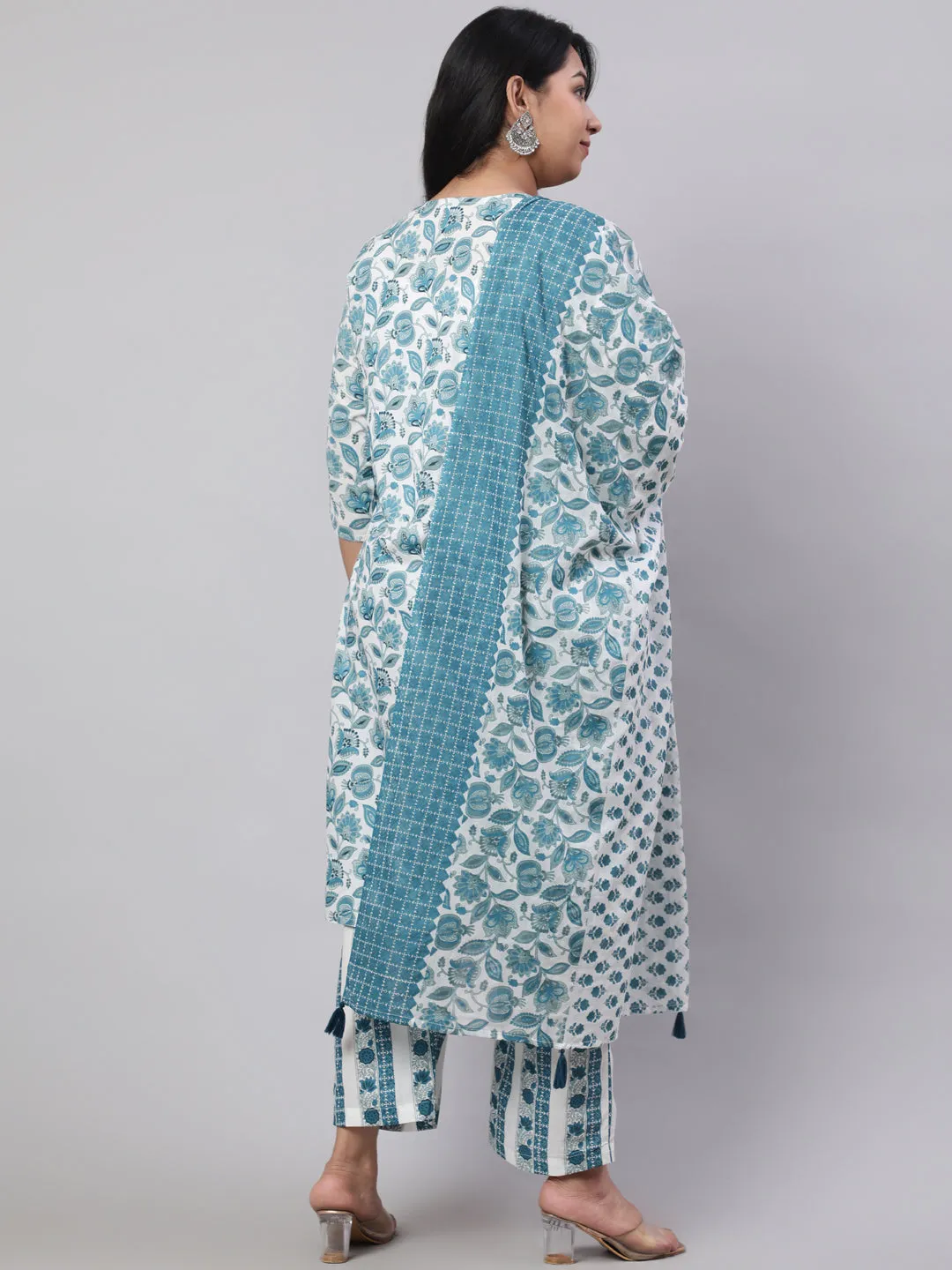 Plus Size Blue Ethnic Floral Printed Embroidered Kurta With Printed Pants And Printed Dupatta
