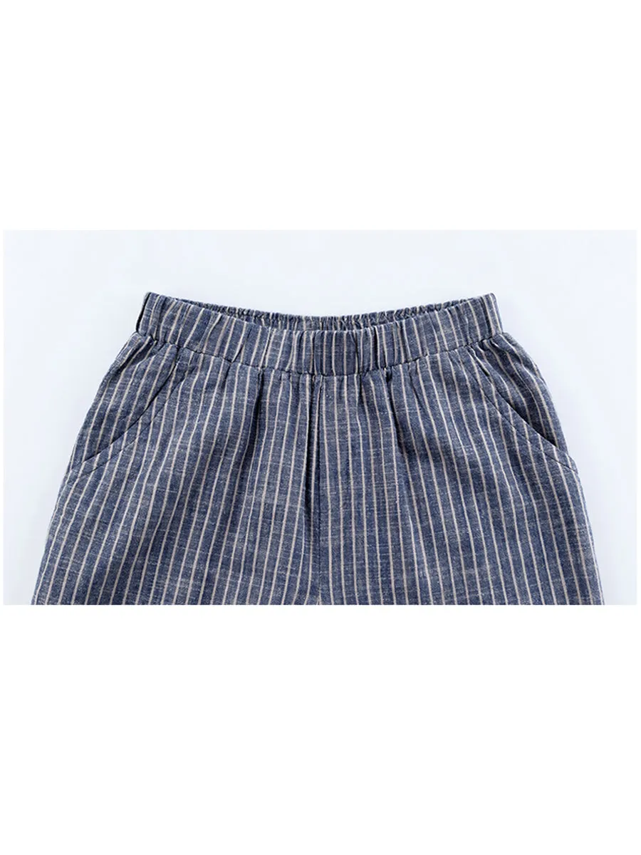 Plus Size Buykud Stripe Cotton Linen Women Pants