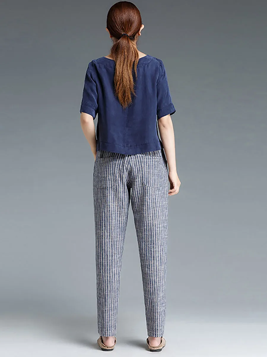Plus Size Buykud Stripe Cotton Linen Women Pants