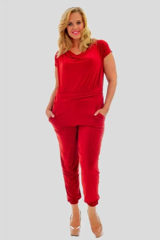 Plus Size Cowl Neck Pocket Belted Jumpsuits