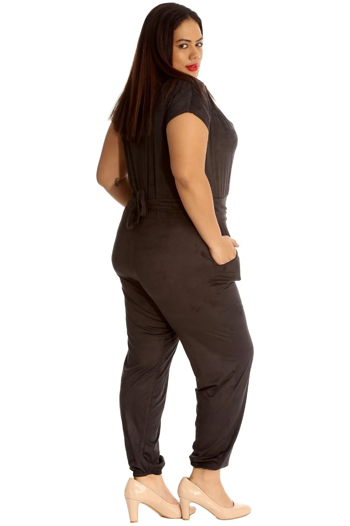 Plus Size Cowl Neck Pocket Belted Jumpsuits