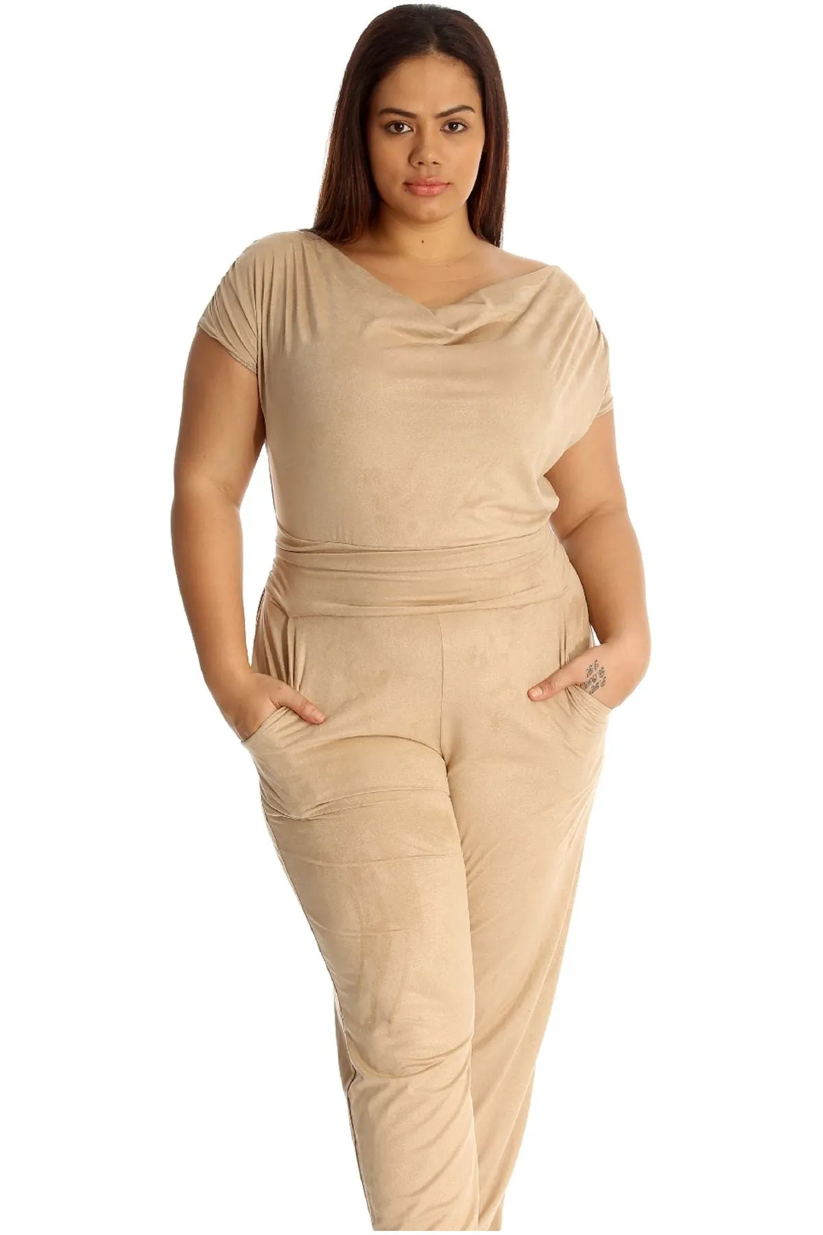 Plus Size Cowl Neck Pocket Belted Jumpsuits