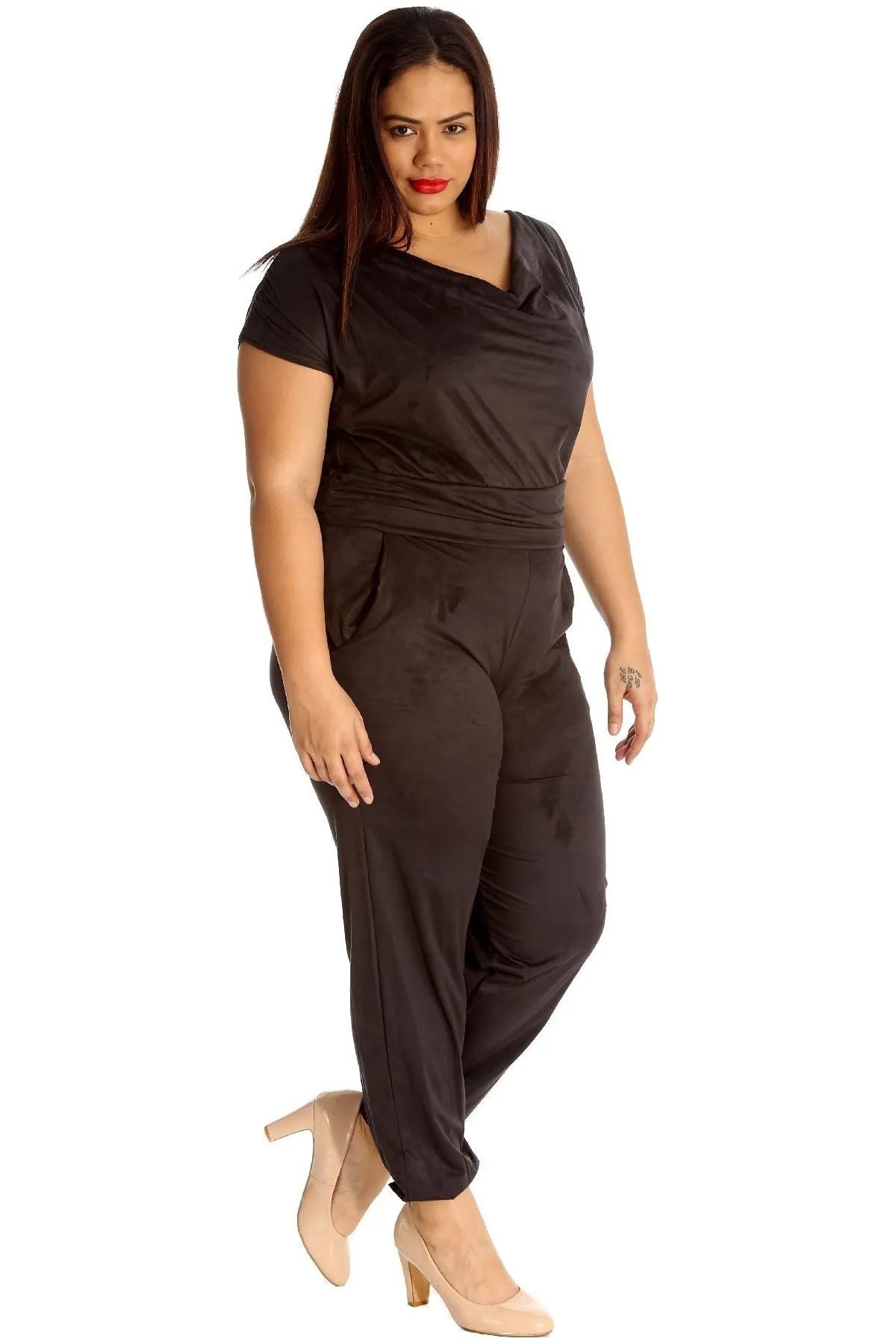 Plus Size Cowl Neck Pocket Belted Jumpsuits