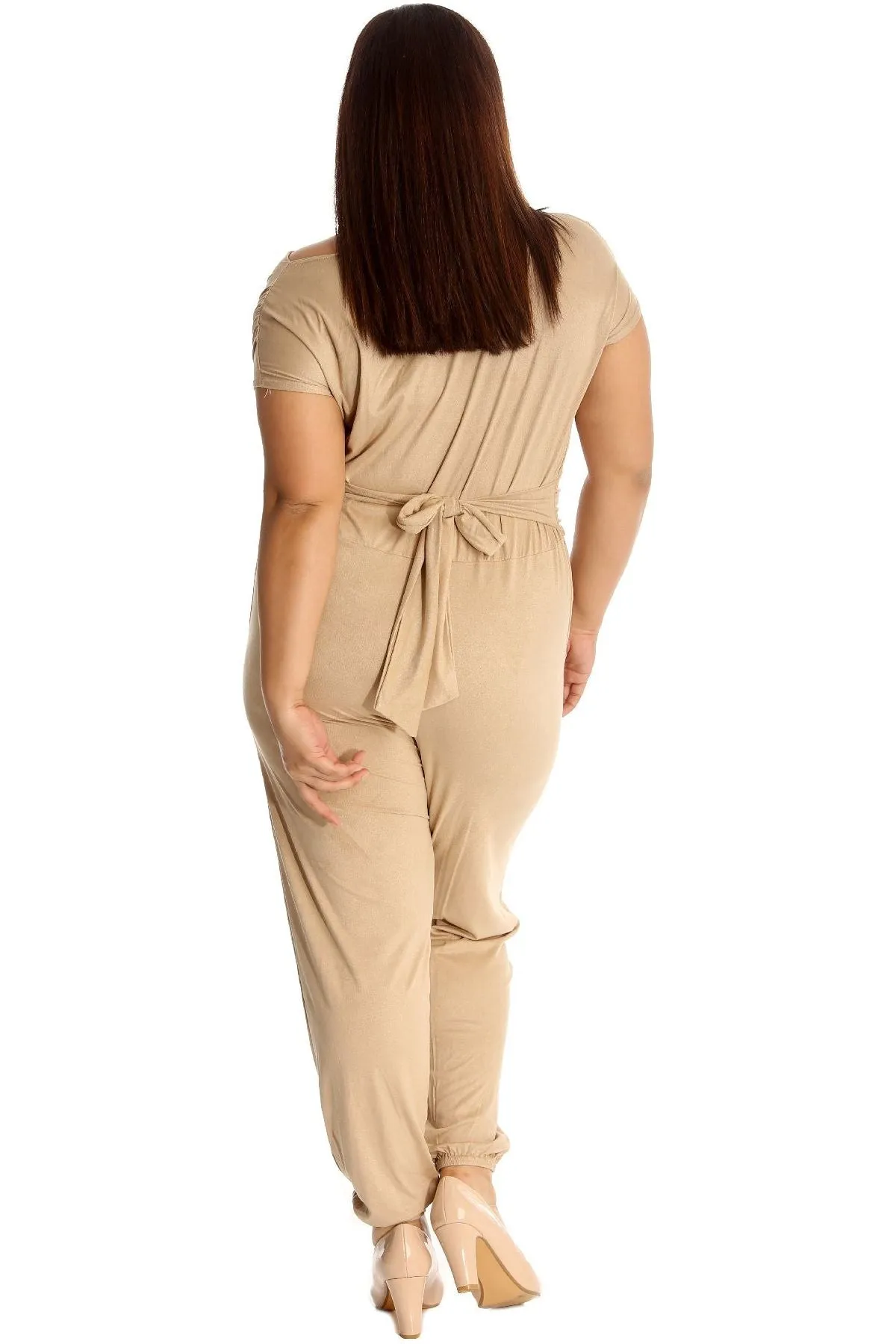 Plus Size Cowl Neck Pocket Belted Jumpsuits