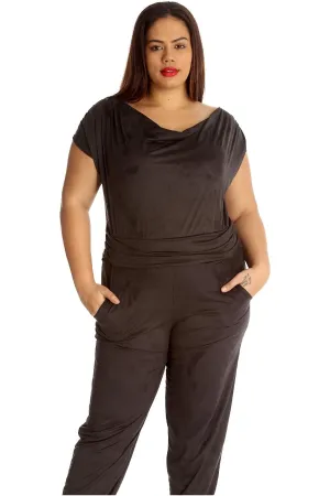 Plus Size Cowl Neck Pocket Belted Jumpsuits