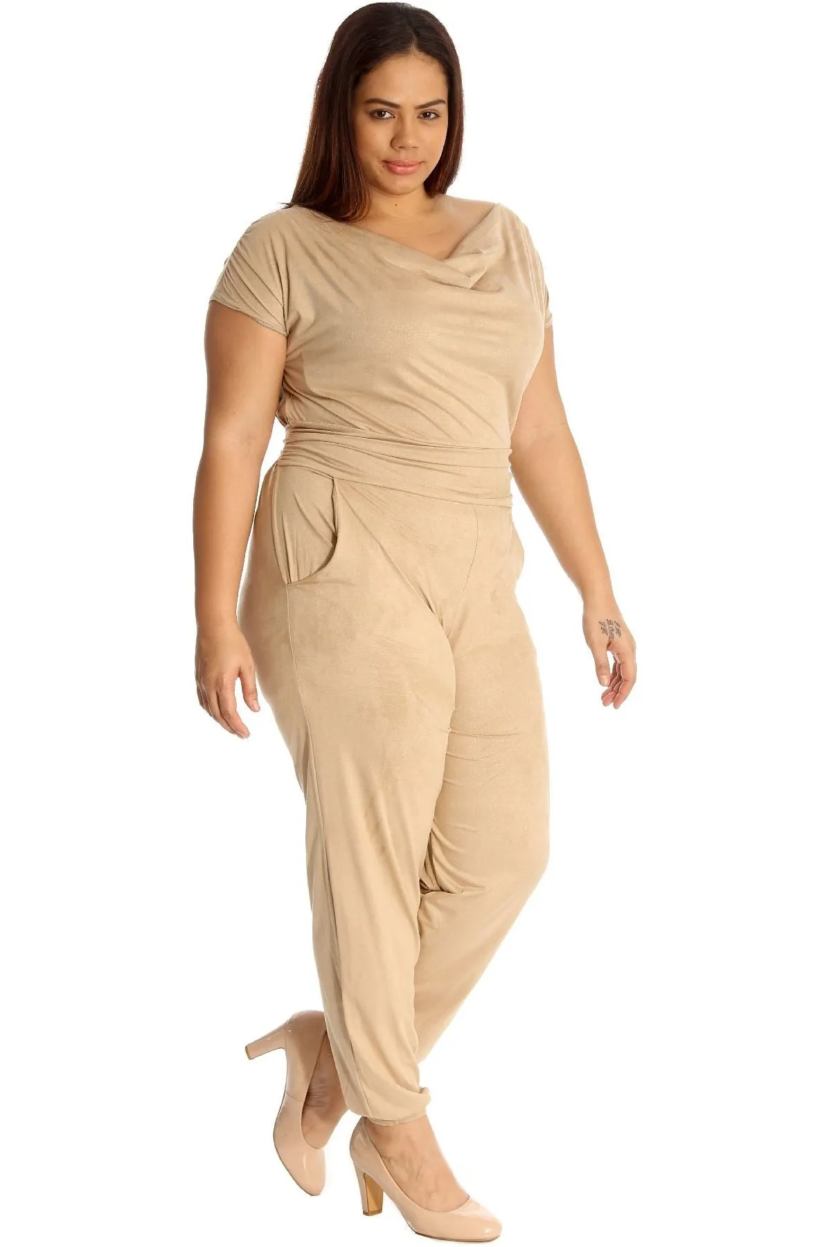 Plus Size Cowl Neck Pocket Belted Jumpsuits