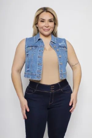 Plus Size Cropped Distressed Denim Vest