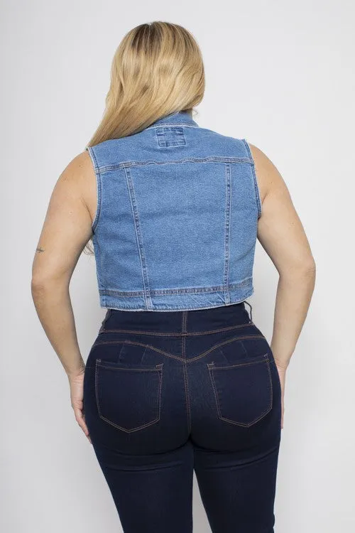 Plus Size Cropped Distressed Denim Vest