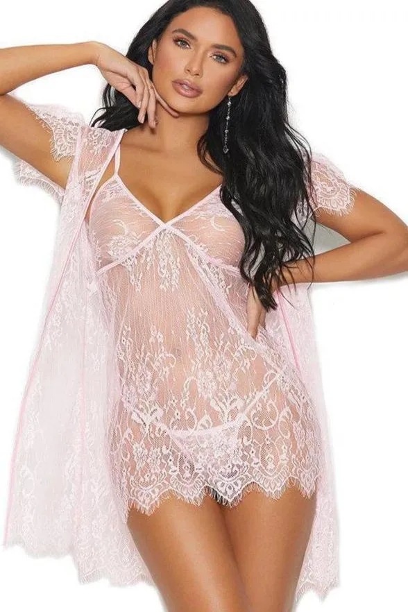 Plus Size Eyelash Lace Babydoll With Robe