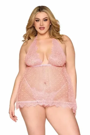 Plus Size Heart Pattern Eyelash Lace Babydoll