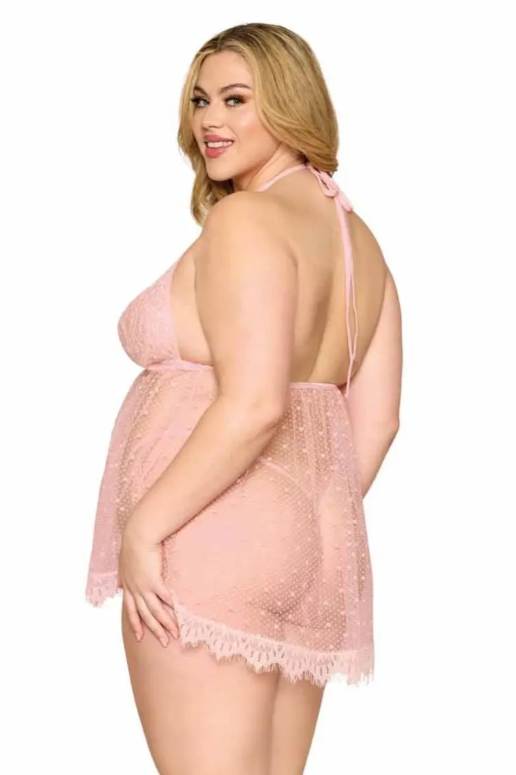 Plus Size Heart Pattern Eyelash Lace Babydoll