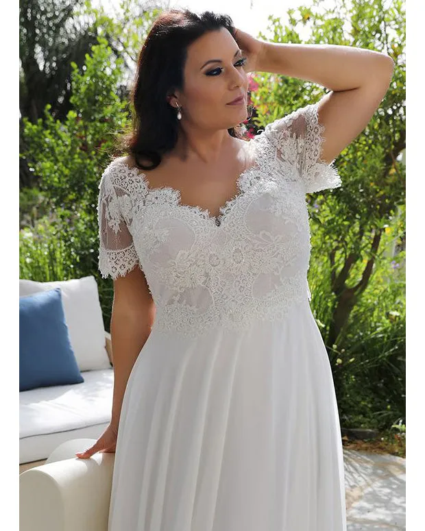 Plus Size Lace Beach Wedding Dresses Short Sleeve Sexy V-Neck A-line Long Bridal Wedding Gowns