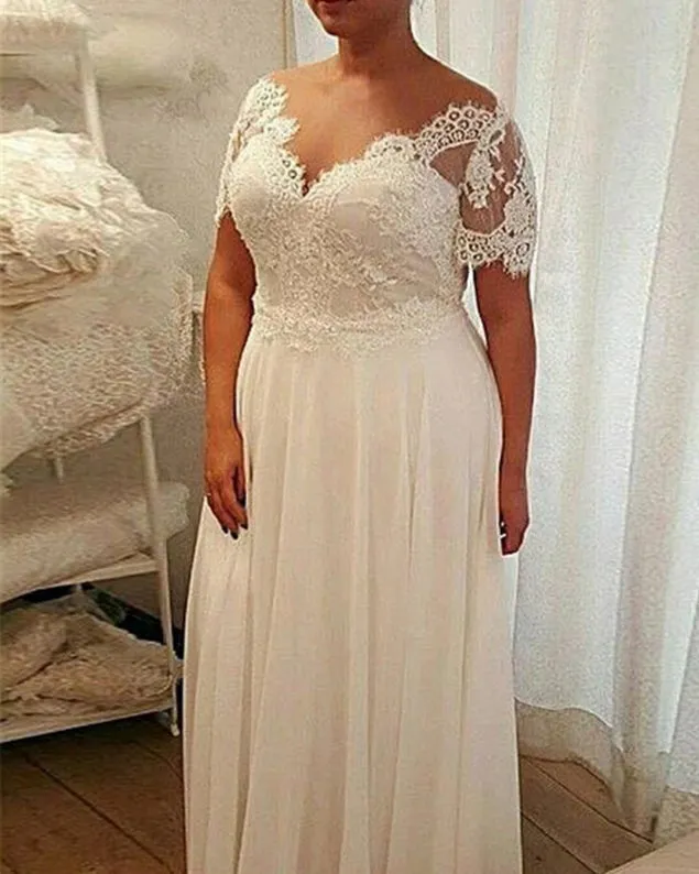 Plus Size Lace Beach Wedding Dresses Short Sleeve Sexy V-Neck A-line Long Bridal Wedding Gowns