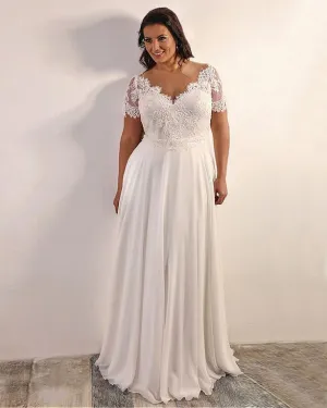 Plus Size Lace Beach Wedding Dresses Short Sleeve Sexy V-Neck A-line Long Bridal Wedding Gowns