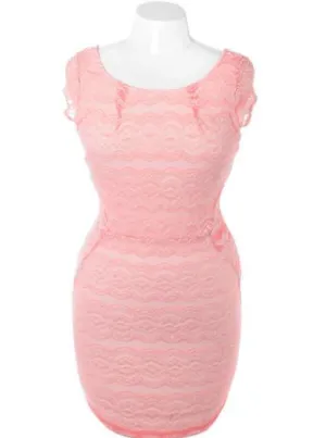Plus Size Lace Cap Sleeve Pink Dress