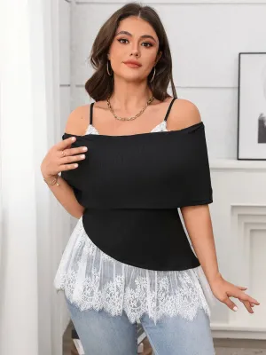 Plus Size Lace Detail Spaghetti Strap Short Sleeve Top