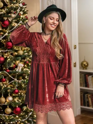 Plus Size Lace Detail V-Neck Long Sleeve Mini Dress