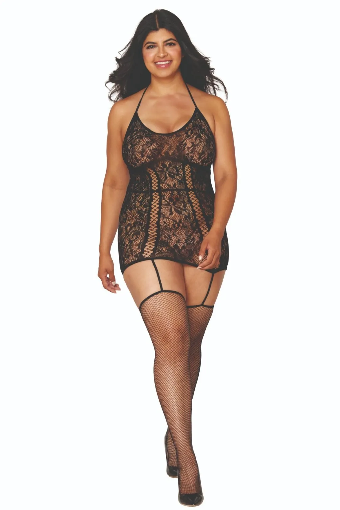 Plus Size Lace Garter Mini Dress Bodystocking