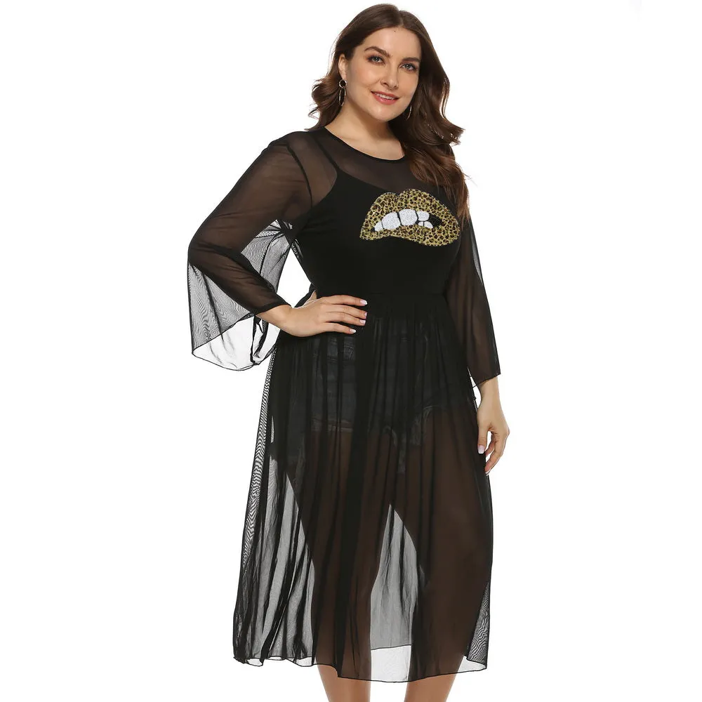 Plus Size Leopard Print Dress Transparent Mesh Dress