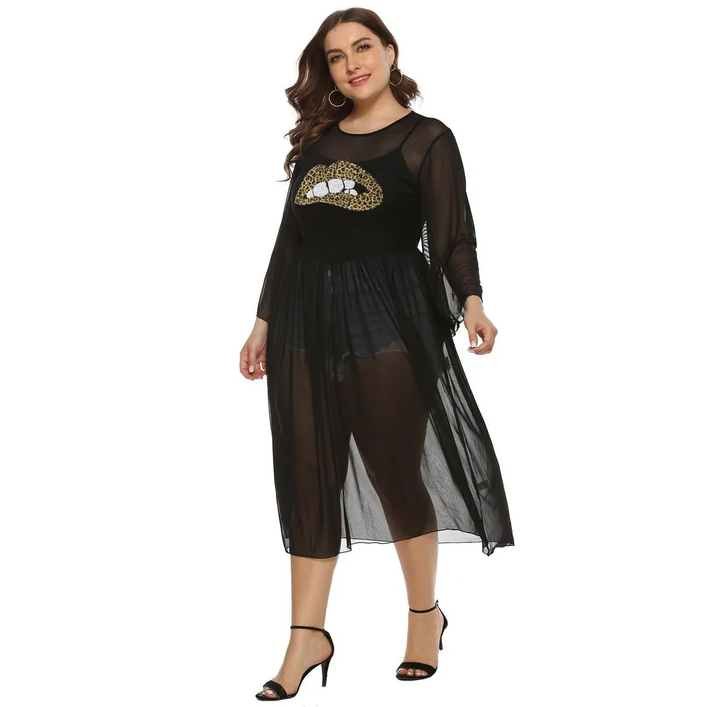Plus Size Leopard Print Dress Transparent Mesh Dress