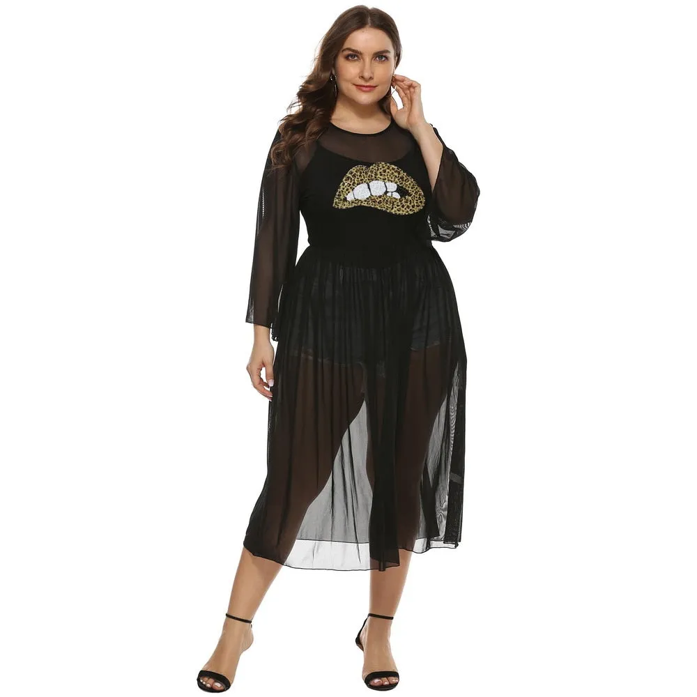 Plus Size Leopard Print Dress Transparent Mesh Dress
