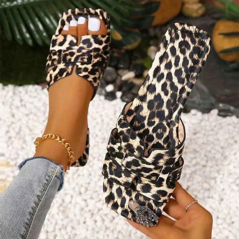 Plus Size Leopard Print Square Toe Slippers