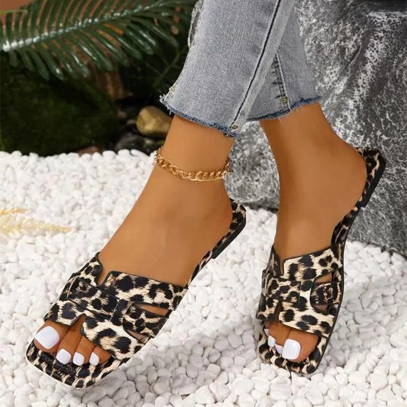 Plus Size Leopard Print Square Toe Slippers