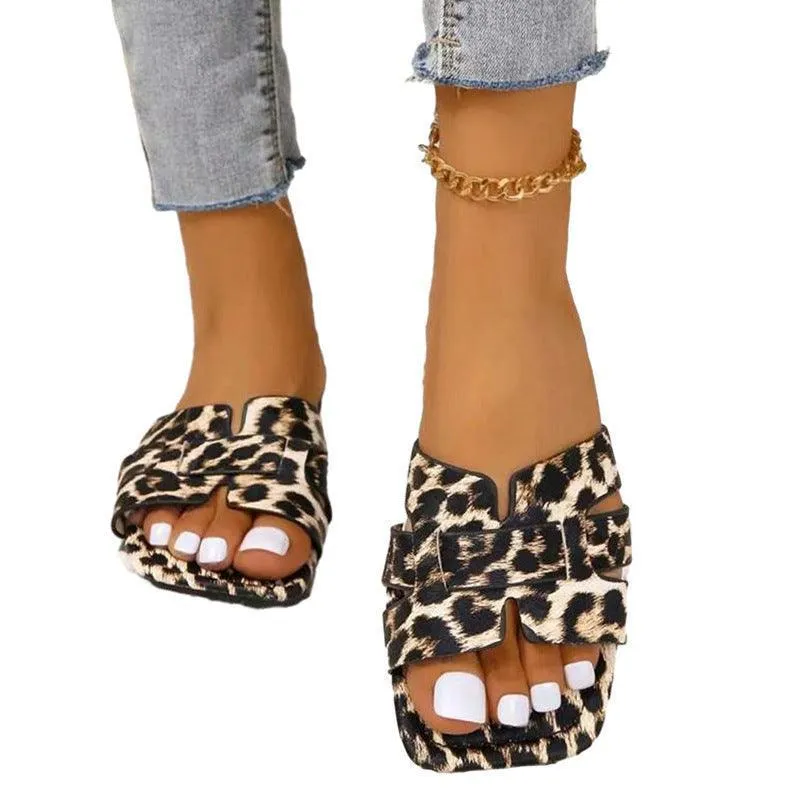 Plus Size Leopard Print Square Toe Slippers