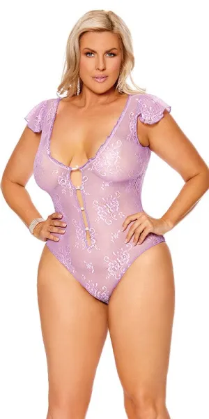 Plus Size Lilac Cap Sleeves Teddy with Front Pearl Buttons