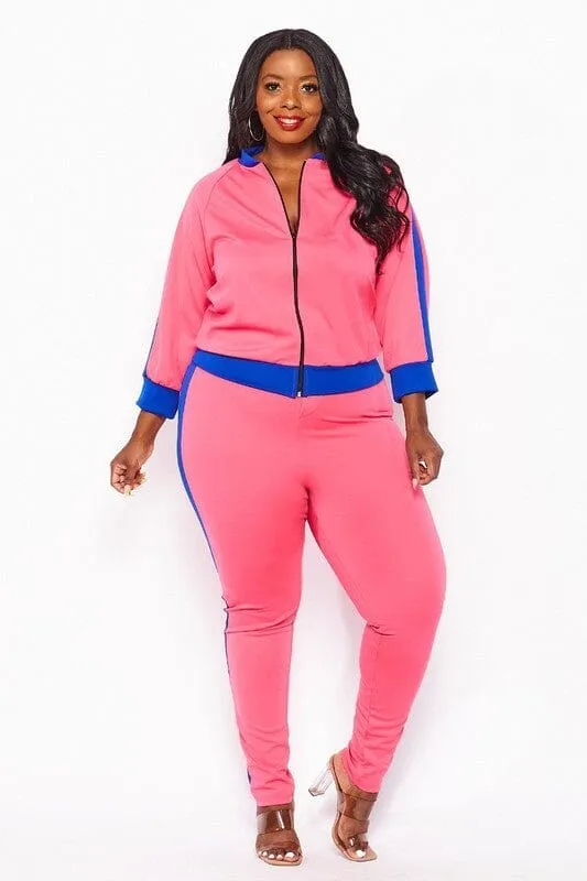 PLUS SIZE LONG SLEEVE JACKET & ELASTIC WAIST PANTS COLORBLOCK 2PC. SET